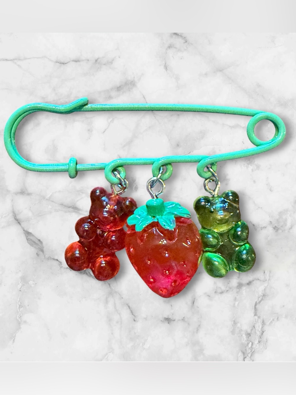 Green Safety Pin Brooch with Red Strawberry and Gummy Bear Charms